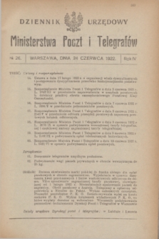 Dziennik Urzędowy Ministerstwa Poczt i Telegrafów. R.4, № 26 (22 czerwca 1922) + dod.