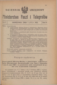 Dziennik Urzędowy Ministerstwa Poczt i Telegrafów. R.4, № 27 (1 lipca 1922)