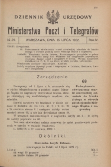 Dziennik Urzędowy Ministerstwa Poczt i Telegrafów. R.4, № 29 (15 lipca 1922)