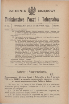 Dziennik Urzędowy Ministerstwa Poczt i Telegrafów. R.4, № 33 (12 sierpnia 1922)