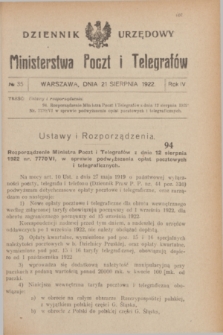 Dziennik Urzędowy Ministerstwa Poczt i Telegrafów. R.4, № 35 (21 sierpnia 1922)