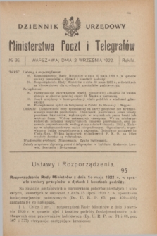 Dziennik Urzędowy Ministerstwa Poczt i Telegrafów. R.4, № 36 (2 września 1922)