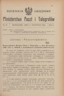 Dziennik Urzędowy Ministerstwa Poczt i Telegrafów. R.4, no 38 (11 września 1922)