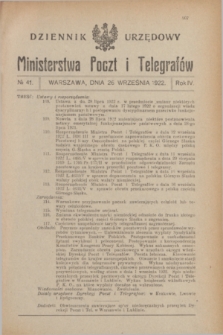 Dziennik Urzędowy Ministerstwa Poczt i Telegrafów. R.4, № 41 (26 września 1922)