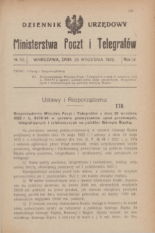 Dziennik Urzędowy Ministerstwa Poczt i Telegrafów. R.4, № 42 (28 września 1922)