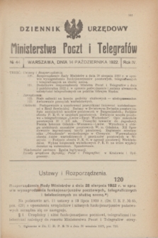 Dziennik Urzędowy Ministerstwa Poczt i Telegrafów. R.4, № 44 (14 października 1922)