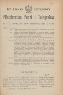 Dziennik Urzędowy Ministerstwa Poczt i Telegrafów. R.4, № 47 (4 listopada 1922)