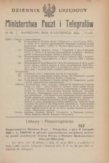 Dziennik Urzędowy Ministerstwa Poczt i Telegrafów. R.4, № 49 (18 listopada 1922)