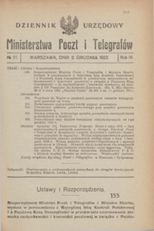 Dziennik Urzędowy Ministerstwa Poczt i Telegrafów. R.4, № 51 (2 grudnia 1922)