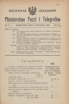 Dziennik Urzędowy Ministerstwa Poczt i Telegrafów. R.4, № 52 (9 grudnia 1922)