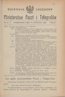 Dziennik Urzędowy Ministerstwa Poczt i Telegrafów. R.4, № 54 (16 grudnia 1922)