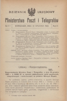 Dziennik Urzędowy Ministerstwa Poczt i Telegrafów. R.4, № 57 (30 grudnia 1922)