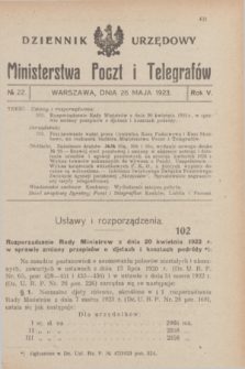 Dziennik Urzędowy Ministerstwa Poczt i Telegrafów. R.5, № 22 (26 maja 1923)