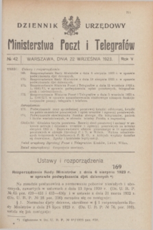 Dziennik Urzędowy Ministerstwa Poczt i Telegrafów. R.5, № 42 (22 września 1923) + wkł.