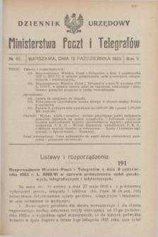 Dziennik Urzędowy Ministerstwa Poczt i Telegrafów. R.5, № 45 (13 października1923)