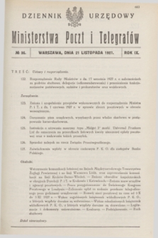 Dziennik Urzędowy Ministerstwa Poczt i Telegrafów. R.9, № 36 (21 listopada 1927) + dod.