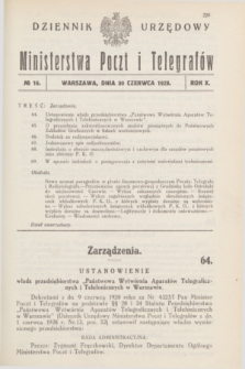 Dziennik Urzędowy Ministerstwa Poczt i Telegrafów. R.10, № 16 (30 czerwca 1928) + dod.
