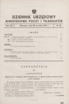 Dziennik Urzędowy Ministerstwa Poczt i Telegrafów. R.19, nr 18 (28 września 1937) + zał.