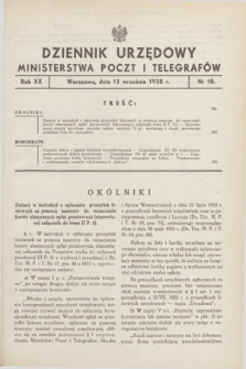 Dziennik Urzędowy Ministerstwa Poczt i Telegrafów. R.20, nr 18 (13 września 1938)