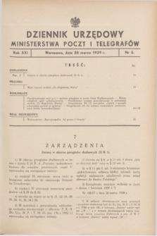 Dziennik Urzędowy Ministerstwa Poczt i Telegrafów. R.21, nr 5 (28 marca 1939) + zał.
