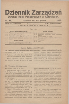 Dziennik Zarządzeń Dyrekcji Kolei Państwowych w Katowicach. 1927, nr 46 (3 grudnia)