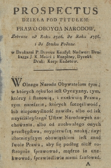 Prospectus Dzieła Pod Tytułem: Prawo Oboyga Narodow : Zebrane od Roku 1346 do Roku 1786 i do Druku Podane