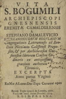 Vita S. Bogumili Archiepiscopi Gnesnensis Eremitæ Camaldulensis