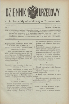 Dziennik Urzędowy c. i k. Komendy obwodowej w Tomaszowie. 1916, nr 7 (1 lipca)