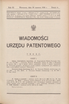 Wiadomości Urzędu Patentowego. R.3, z. 6 (30 czerwca 1926)