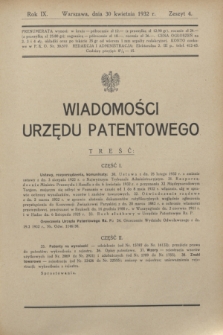 Wiadomości Urzędu Patentowego. R.9, z. 4 (30 kwietnia 1932)