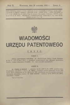 Wiadomości Urzędu Patentowego. R.9, z. 9 (30 września 1932)