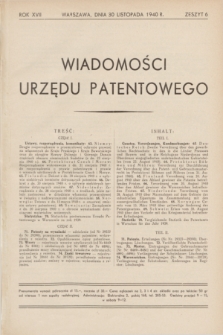 Wiadomości Urzędu Patentowego. R.17, z. 6 (30 listopada 1940)