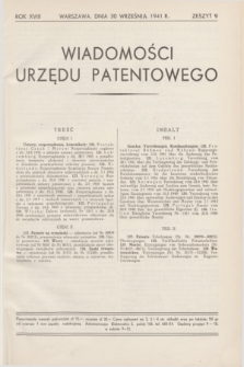 Wiadomości Urzędu Patentowego. R.18, z. 9 (30 września 1941)