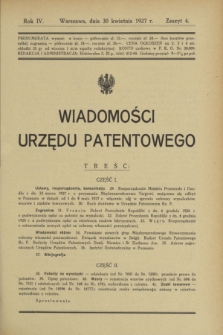 Wiadomości Urzędu Patentowego. R.4, z. 4 (30 kwietnia 1927)