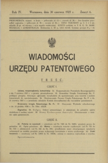 Wiadomości Urzędu Patentowego. R.4, z. 6 (30 czerwca 1927)