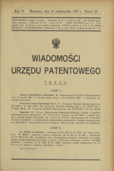 Wiadomości Urzędu Patentowego. R.4, z. 10 (31 października 1927)