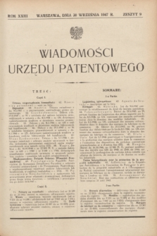 Wiadomości Urzędu Patentowego. R.23, z. 9 (30 września 1947)