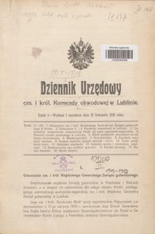 Dziennik Urzędowy ces. i król. Komendy obwodowej w Lublinie. 1915, cz. 1 (15 listopada) + zał.