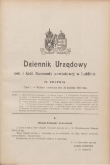 Dziennik Urzędowy ces. i król. Komendy powiatowej w Lublinie. R.4, cz. 1 (25 kwietnia 1918)