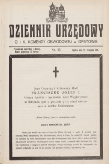 Dziennik Urzędowy C. i K. Komendy Obwodowej w Opatowie. 1916, nr 23 (22 listopada)
