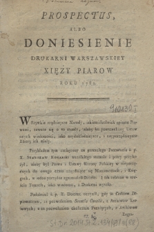 Prospectus Albo Doniesienie Drukarni Warszawskiey Xięży Piarow Roku 1781