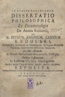 Dissertatio Philosophica Ex Pneumatologia De Anima Rationali