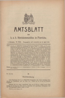 Amtsblatt des k. u. k. Kreiskommandos in Piotrków.Jg.4, Stück 3 (20 April 1918) + dod.