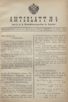 Amtsblatt№ 4 des k. u. k. Kreiskommandos in Janów. 1916 (15 Feber)