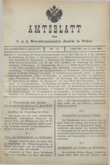 Amtsblatt des k. u. k. Kreiskommandos Janów in Polen.1916, Nr. 13 (2 Juli)
