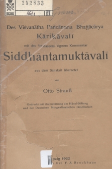 Des Viśvanātha Pañcānana Bhaṭṭācārya Kārikāvalī mit des Verfasser eignem Komentar Siddhāntamuktavalī