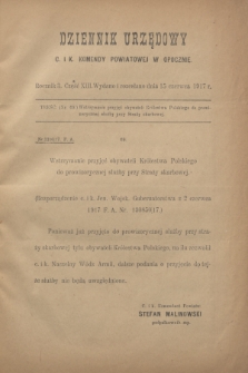 Dziennik Urzędowy C. i K. Komendy Powiatowej w Opocznie.R.3, cz. 13 (15 czerwca 1917)