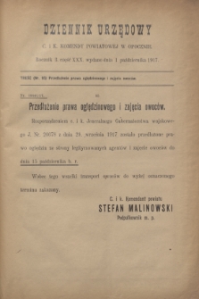 Dziennik Urzędowy C. i K. Komendy Powiatowej w Opocznie.R.3, cz. 30 (1 października 1917)