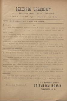 Dziennik Urzędowy c. i k. Komendy Powiatowej w Opocznie.R.4, cz. 19 (8 kwietnia 1918)