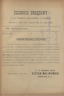 Dziennik Urzędowy c. i k. Komendy Powiatowej w Opocznie.R.4, cz. 22 (20 maja 1918)